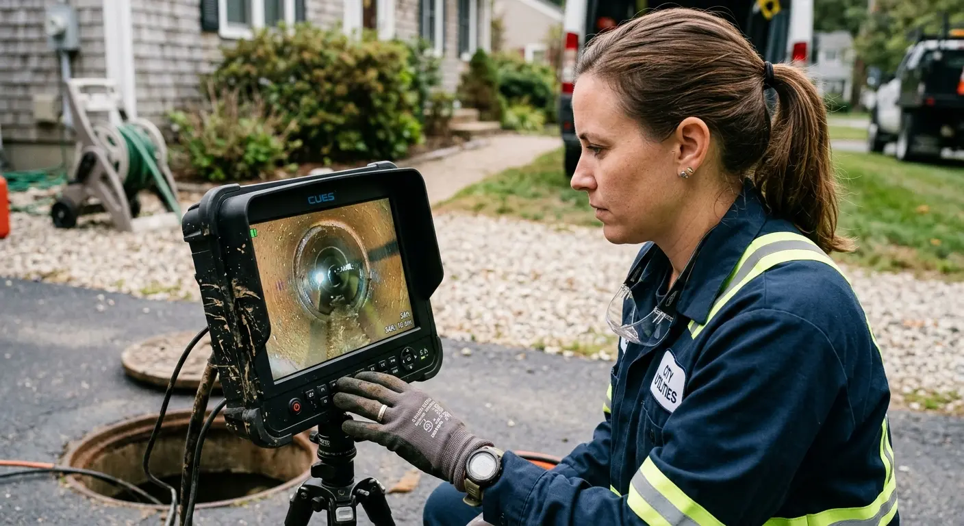 Technician reviewing sewer camera inspection footage in La Follette