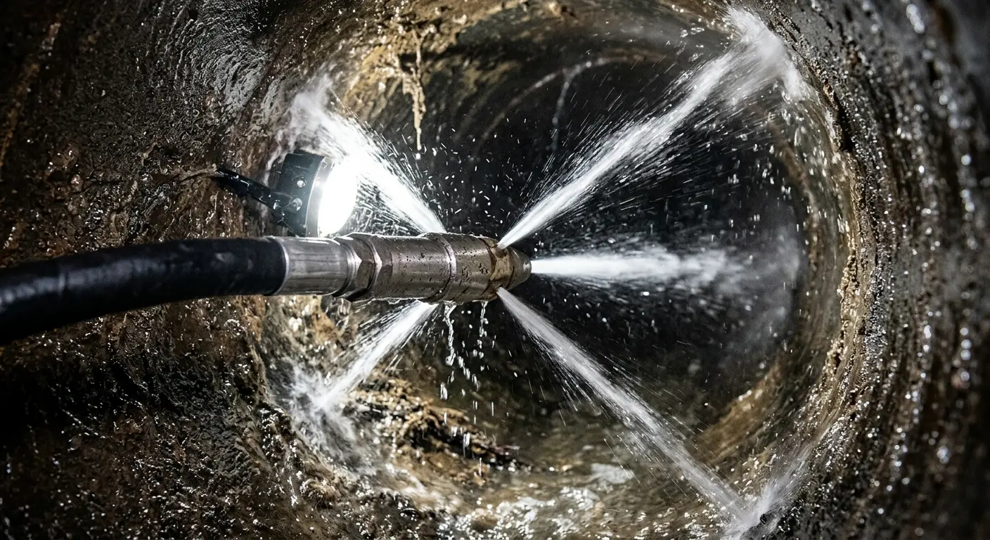 High-pressure hydro jetting nozzle cleaning sewer pipe for Trenchless Sewer Repair in La Follette