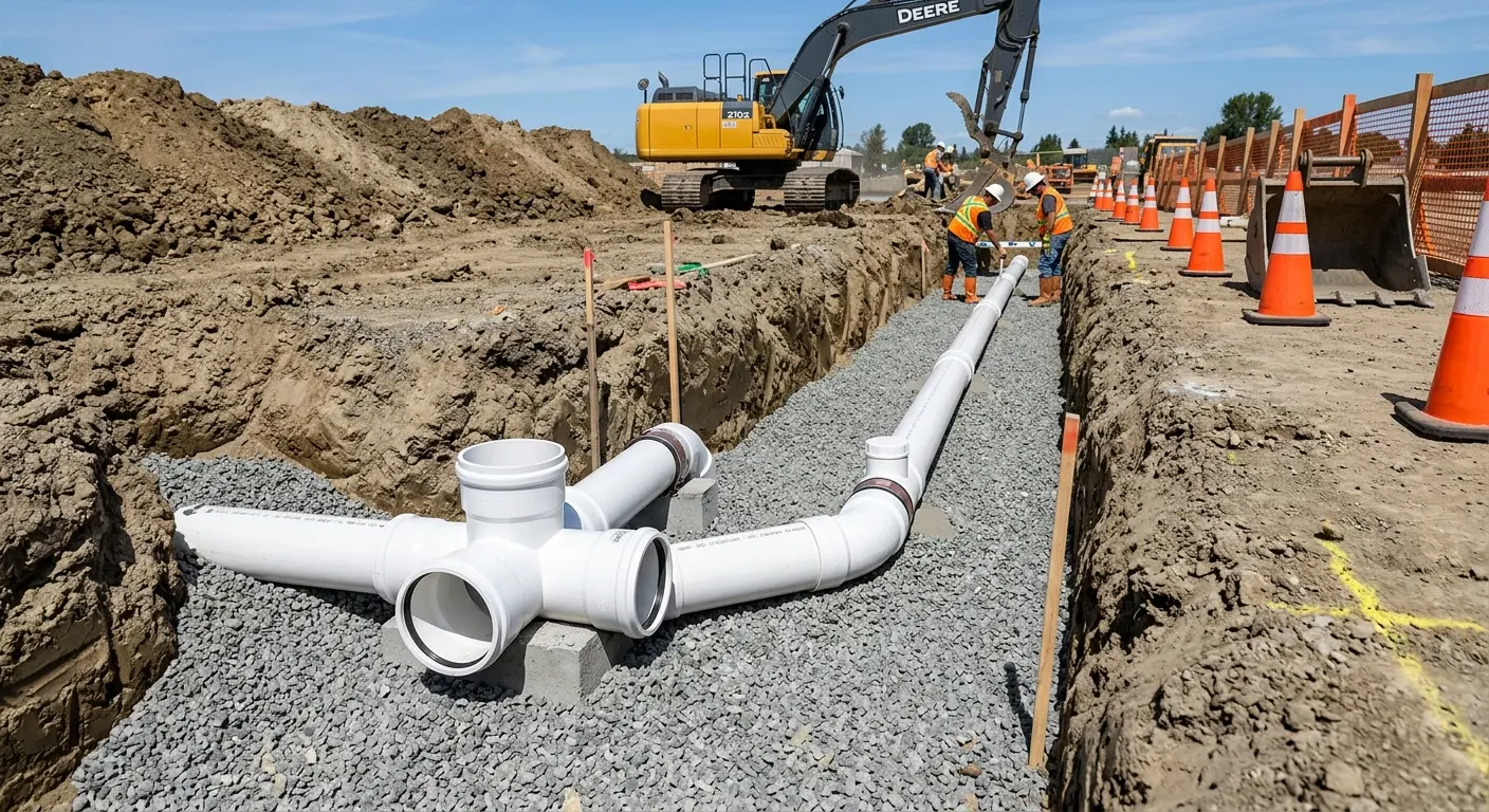 New PVC sewer pipe installation in open trench for Grease Trap Cleaning in La Follette