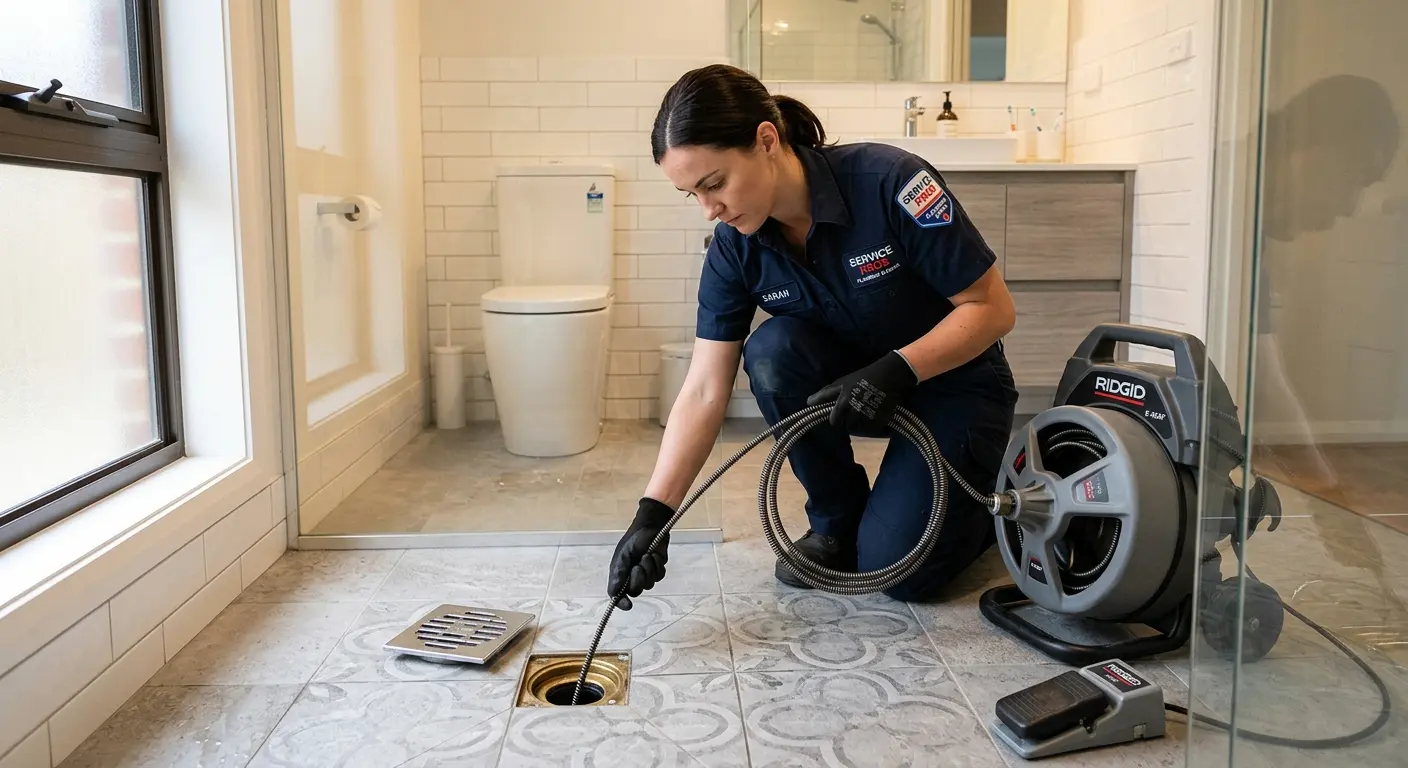 Technician clearing a bathroom floor drain for Drain Cleaning in La Follette